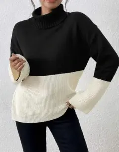 バイカラーター　セーター　黒　白　ブラック　ホワイト　長袖　シーイン　新品