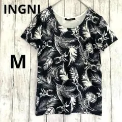 【INGNI】イング　ボタニカル柄半袖Tシャツ 白黒M モノトーン　ストレッチ
