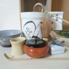 茶道具セット 縦型茶箱 点前セット 水指 茶碗 棗 香合 茶筅 茶杓 木製収納箱