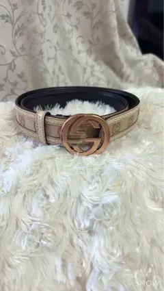 GUCCI GGロゴバックル ベージュレザーベルトsize 80inches