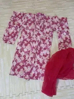 子供用浴衣ピンク花柄 浴衣 女の子 花柄浴衣 110サイズ 赤いスカーフ付き