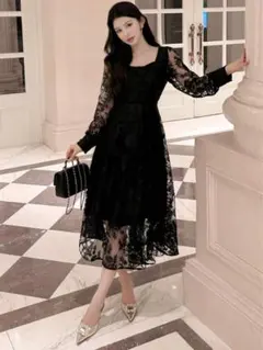 パーティー オケージョン ドレス ワンピース レース ロング ブラック 黒