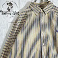 人気 ラルフローレン 長袖シャツ XL イエロー ストライプ ボタンダウン 古着