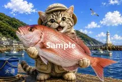 大きな鯛を釣った猫 デジタルアート イラスト ポストカード