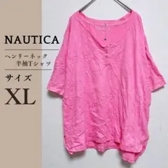 NAUTICA ピンク ボタン付き ヘンリーネックTシャツ XL アメカジ 古着のサムネイル