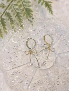 パール＆リボン フープピアス ゴールドカラー