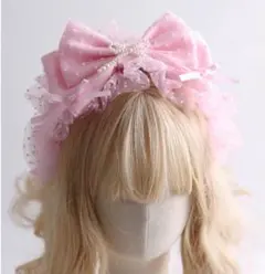 ピンク ドット リボン カチューシャ ヘッドドレス かわいい ロリータ チュール
