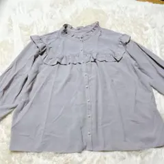 フリル襟 くすみピンク 長袖ブラウス　3L パールボタン　大きいサイズ