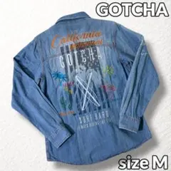 美品【GOTCHA】デニムシャツ 長袖 バック刺繍 抜染プリント ブルー M