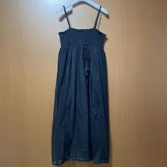 キャミワンピース　レーススカート　胸元シャーリング加工　黒　Lサイズ