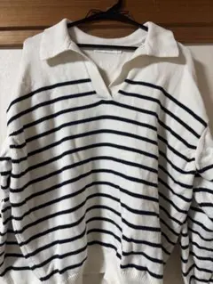 ストライプ 長袖ニットセーター ポロネック