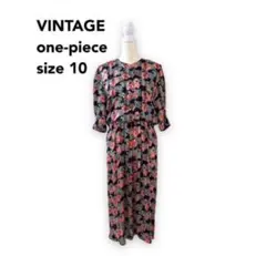 昭和レトロ　ロングワンピース　長袖　総柄　花柄　ボタニカル　パールボタン　黒色