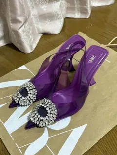 ZARA クリア パープル ビジュー ヒールサンダル 37