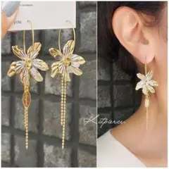 No.107 ゴールド×シルバーフラワー ゆらゆらチェーンピアス イヤリング