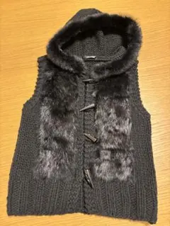 リアルラビットファー／毛皮／フード付きニットベスト ブラック Ｍ