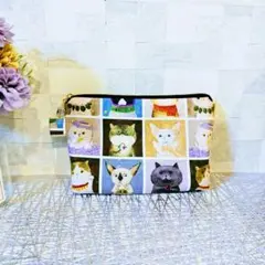 ねこ柄ポーチ パネル柄 パッチワーク調 コスメポーチ 仕分けポーチ