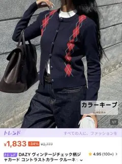 SHEINネイビー アーガイル柄 カーディガン M
