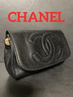 CHANEL シャネル　ミラー付 キャビアスキン ポーチ ココ　黒　ブラックのサムネイル