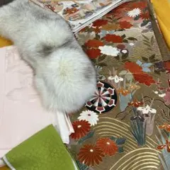 成人式振袖セット　赤　シルバーフォックスショール　着物　帯　襦袢