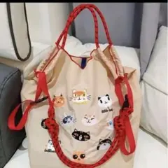刺繍エコバッグ　ショルダーストラップ付属　可愛い猫ちゃん達　ベージュ