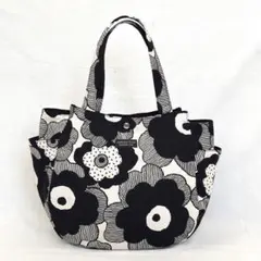 綿麻北欧ポピー花柄ブラック　コロンバッグ　チューリップバッグ　ハンドメイド