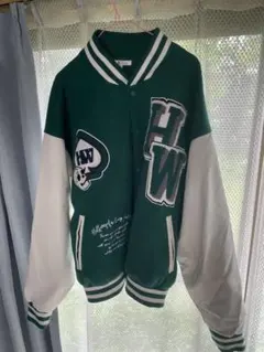 HWロゴ刺繍入りスタジャン グリーン/ホワイト