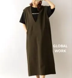 GLOBAL WORK お手入れらくちん Vネックジャンスカ ダークブラウン