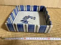 青白ストライプ花柄陶器トレイ