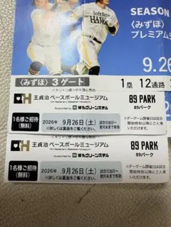 王貞治ベースボールミュージアム 89 PARK ご招待券 2枚セット