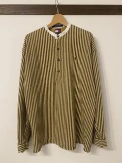 90s TOMMY HILFIGER グランパシャツ　ブラウンストライプ