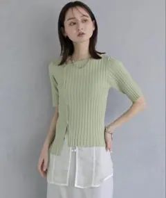 【＆g’aime】アンジェム 新品 リブ切替 半袖ニットトップス ライトグリーンのサムネイル