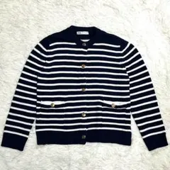 【未使用に近い】ザラ ZARA ボーダー ニット カーディガン 白 紺