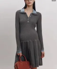 妊娠 マタニティワンピース グレーのリブ編み長袖ミニワンピース