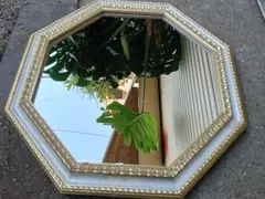 八角形木製　ゴールドホワイトミラー