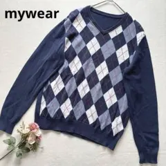 マイウェア スウェーデン ネイビー ダイヤモンドパターン Vネックセーター