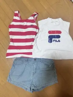 FILA 赤と白ストライプ タンクトップとショートパンツセット