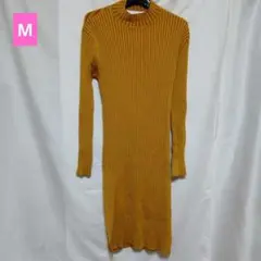 リブ編み長袖ニットワンピース マスタード　　M