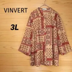 VINVERT　ブラウス　シャツ　7分袖　総柄　大きいサイズ　3L　茶色　赤　紫