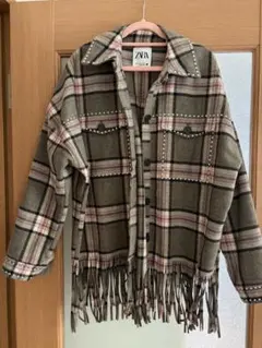 ZARA レッド・ブラックチェック M フリンジジャケット - メルカリ