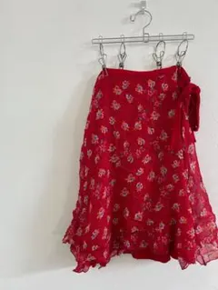 【フリーサイズ】巻きスカート 赤 花柄 レッド 膝丈 大人女子 ガーリー