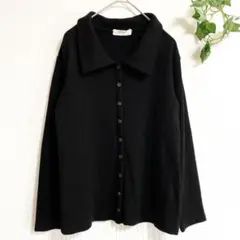 ＊JUMP＊リブ編みニット 長袖トップス ブラック ボタン付き 大きな襟 日本製