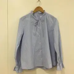【ジーユー】長袖 ストライプ柄 シャツ フリル袖 リボンネック 青×白 Lサイズ