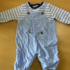 水色ストライプロンパース 50-60cm