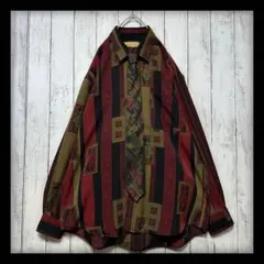 【VINTAGE☆総柄ネクタイシャツ】ポリシャツ☆レトロ☆幾何学☆バロック　L