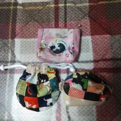 猫デザインの布製ポーチ 3点セット