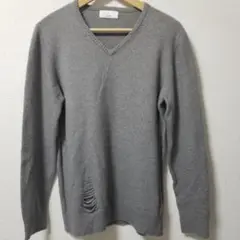 【Lui's】グレー Vネック クラッシュ ダメージ ニット S