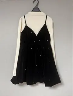 ビジューベロアキャミソールミニワンピース×ボトルネックトップスセットアップ