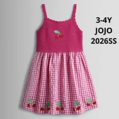 26SS JojoMamanbébé チェリー刺繍 ワンピース　ピンク　3-4Y