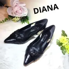 DIANA パンプス 黒 23cm ポインテッドトゥ リボン ハイヒール 通勤