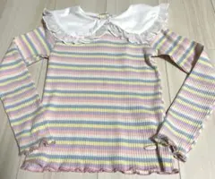 ストライプ 長袖カットソー 　フリル付き　襟　フリル　パステルカラー